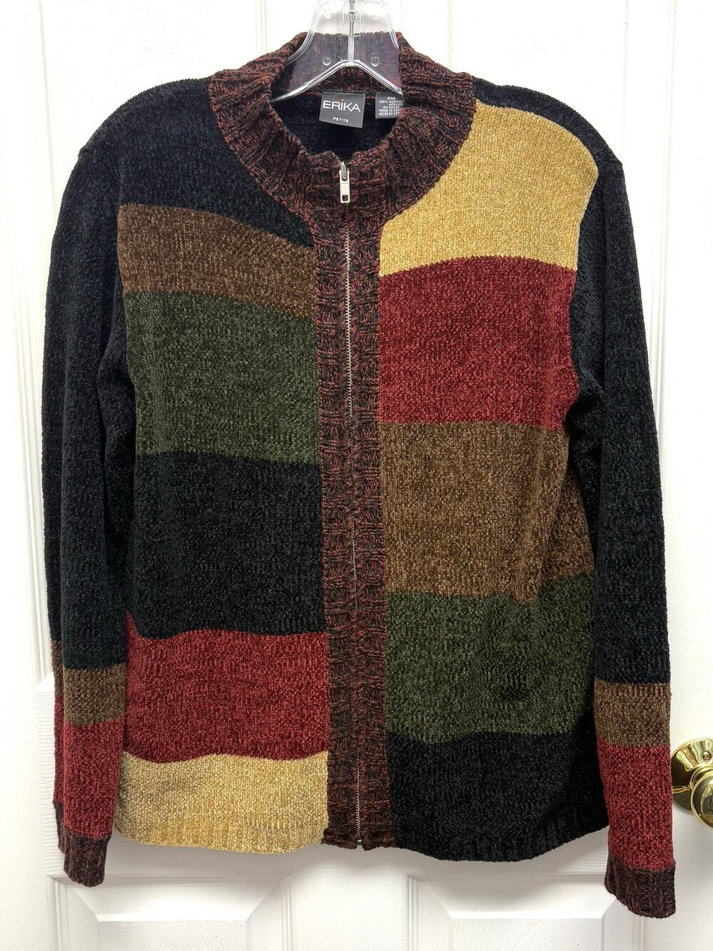 Erika Full Zip Cardigan Velour Yarn Block Pattern Mock Turtleneck Womens Size PM